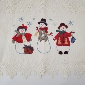 Vtg Christmas Snowmen Holiday Cross-Stitch Lace‎ Runner 14x30